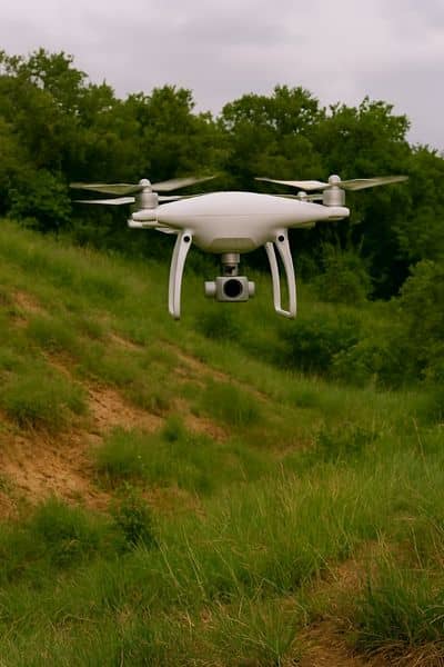 A drone flying over uneven, grassy terrain with dense trees in the background, capturing aerial data for a land survey in a challenging Houston landscape.
