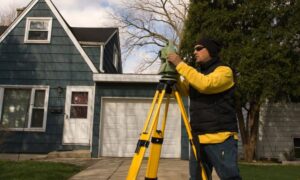 Surveyor conducting a loan closing survey with equipment in front of a residential home