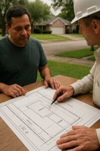A surveyor reviewing a loan closing survey property map with a homeowner, showing lot boundaries and easements