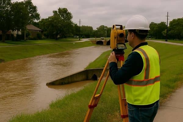 Surveyor conducting topographic survey near Houston flood control channel
