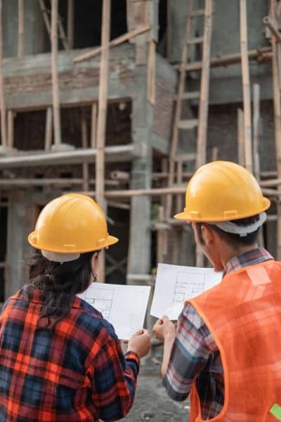  Engineers reviewing site plans at a construction site while considering flood maps and benchmarks for an ALTA Land Title Survey
