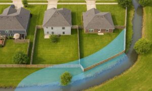 Aerial view of suburban backyards showing a boundary line survey with a corner of the property overlapping a shaded flood zone