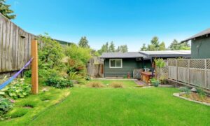 Backyard with wooden fence and open lawn where property line survey stakes may differ from past surveys