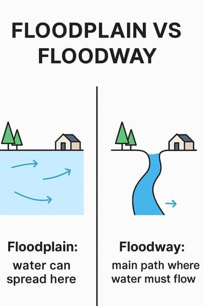 Simple floodplain vs floodway diagram explaining why a topo survey helps identify where water can spread and where it must flow