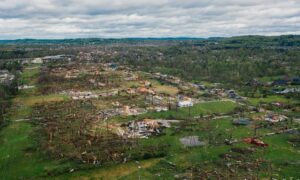 Aerial view of tornado damage showing how land shifts can affect the need for updated flood elevation certificates