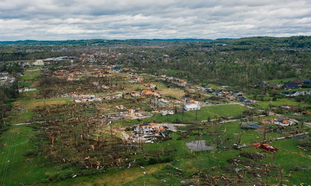 Aerial view of tornado damage showing how land shifts can affect the need for updated flood elevation certificates