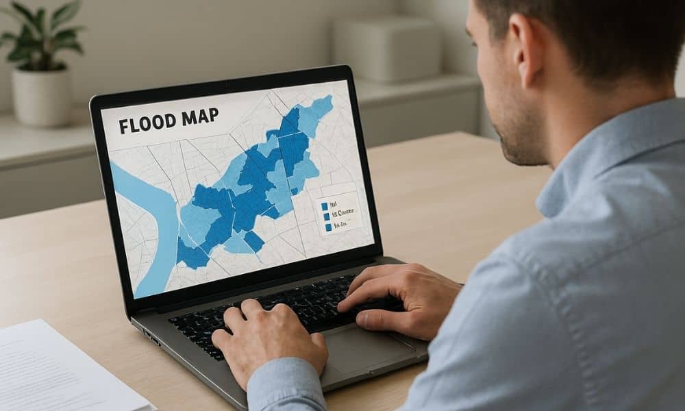 Property owner reviewing a digital flood map to understand FEMA Elevation Certificate requirements and flood risk