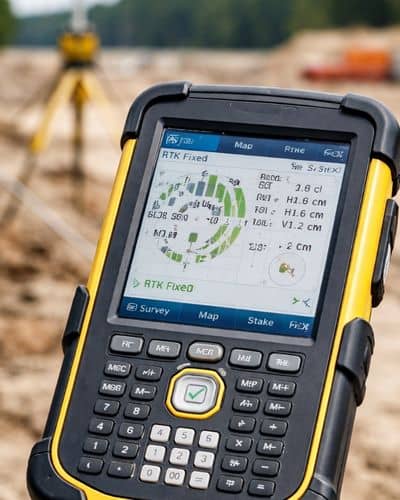 Close-up of survey mapping equipment showing GPS signal accuracy and satellite status on a construction site