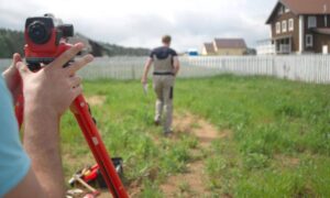 Surveyor measuring yard elevation with a tripod instrument during a property land survey