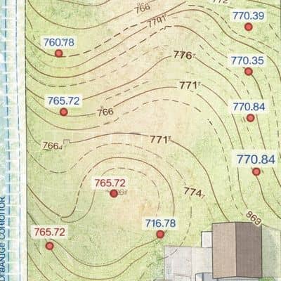 Topographic contour and spot elevation map from a property land survey showing low and high ground area