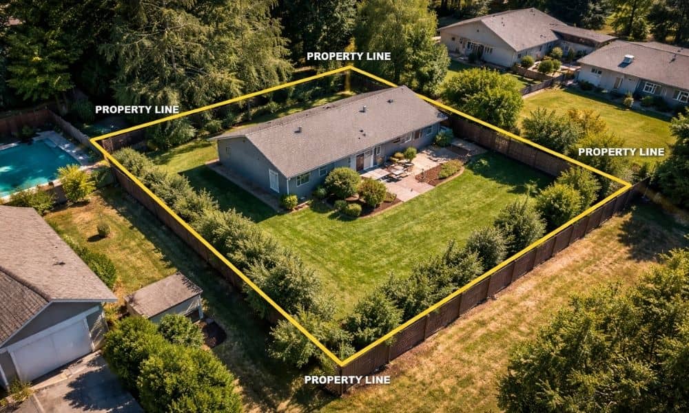 Aerial view of a residential property with clearly marked boundary lines from a land survey showing the full layout of the lot