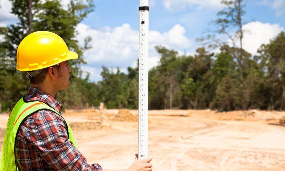 Land surveyor measuring elevation on a development site during an ALTA survey before property purchase