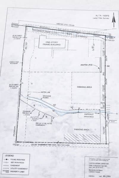 Property boundary map showing easements and drainage areas documented in an ALTA survey