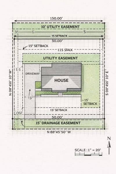 Detailed lot survey showing utility and drainage easements, setback lines, and property layout on a residential lot