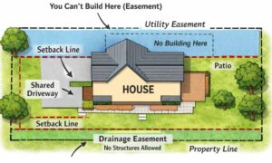 Example lot survey showing easements, building lines, and access areas on a residential property
