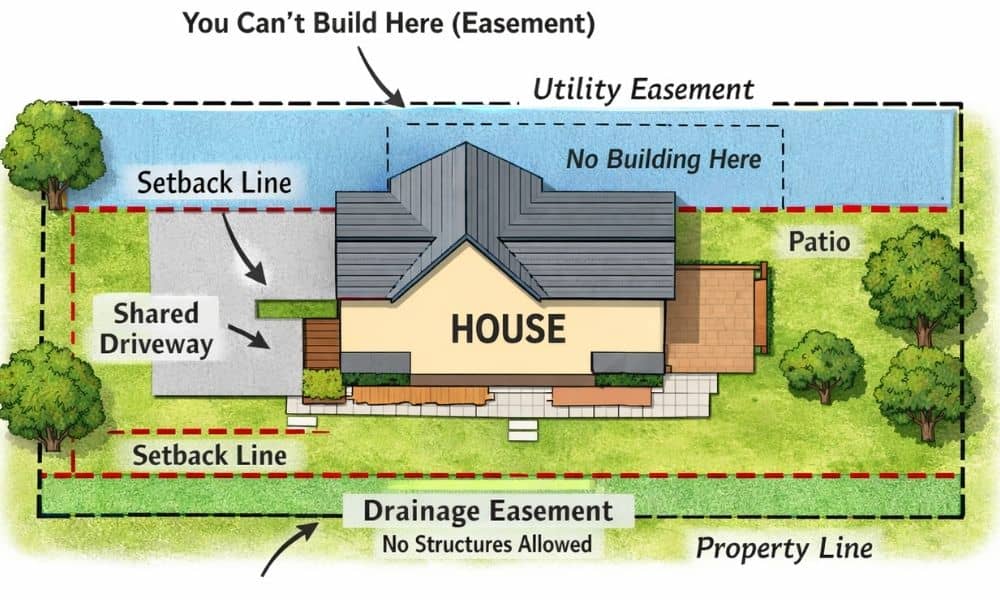 Example lot survey showing easements, building lines, and access areas on a residential property