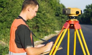 A licensed surveyor using equipment to verify property lines in the field