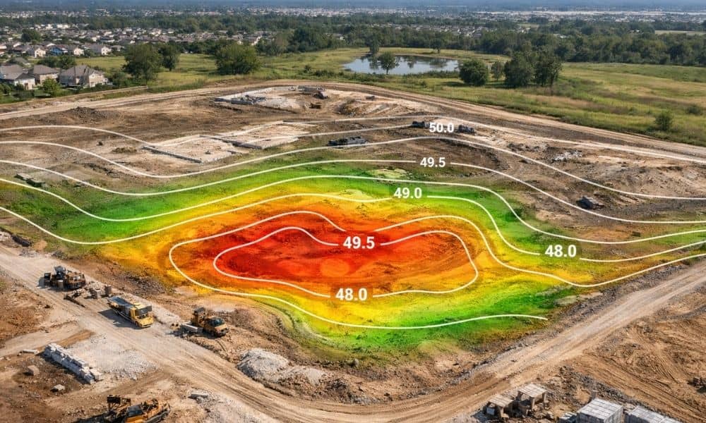 Aerial drone view of a construction site showing subtle elevation changes and contour overlay illustrating lidar mapping across a flat lot