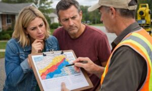 A surveyor measuring a residential property with a semi-transparent flood map overlay showing property boundaries and elevation