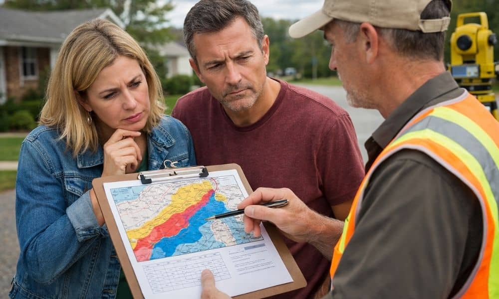 A surveyor measuring a residential property with a semi-transparent flood map overlay showing property boundaries and elevation