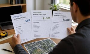 Homeowner reviewing multiple survey quotes showing different prices for the same property on a desk