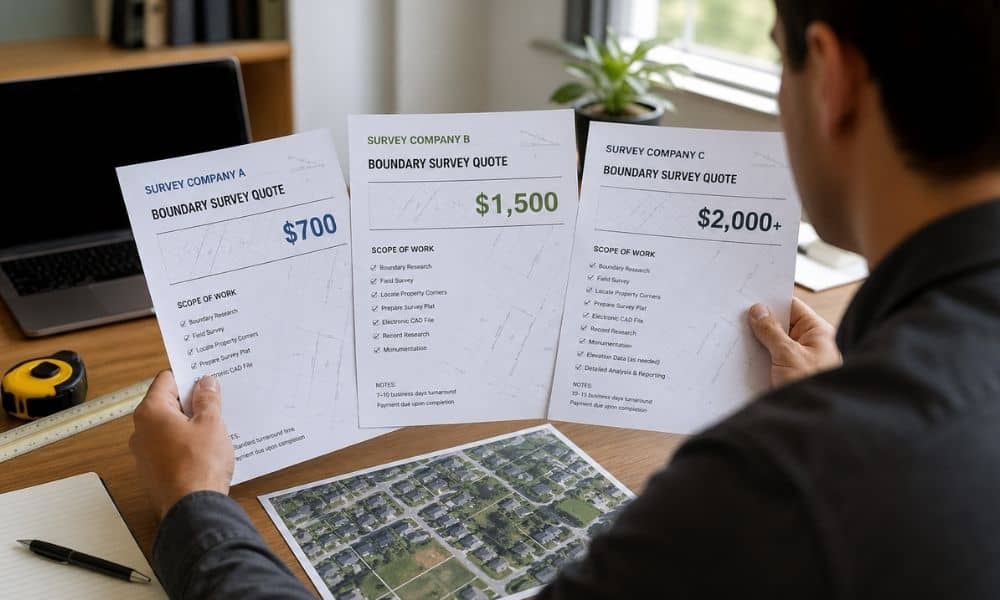 Homeowner reviewing multiple survey quotes showing different prices for the same property on a desk