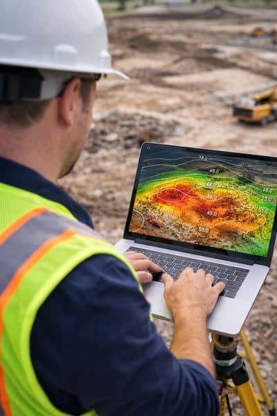 Civil engineer reviewing a 3D terrain model on a tablet at a construction site showing lidar mapping data for elevation and drainage analysis