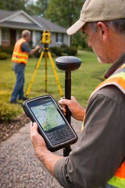 A professional land surveyor using equipment to measure a property’s boundaries and elevation, demonstrating land survey company expertise