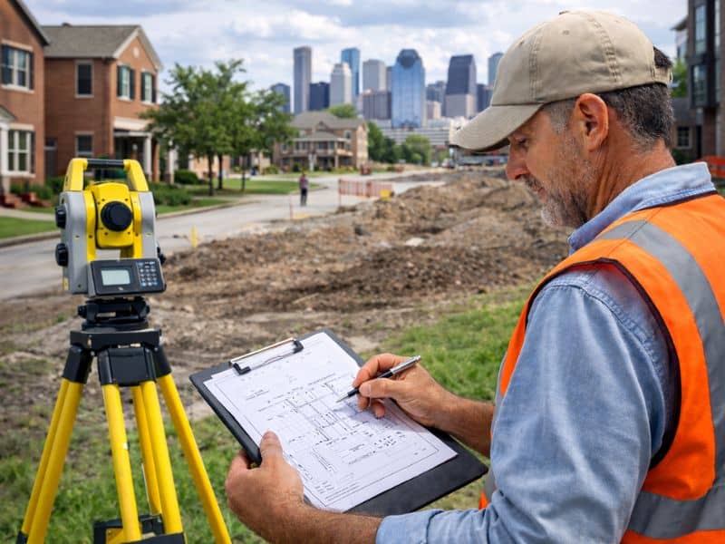 Licensed surveyor working on a property in Houston, TX for people searching land surveyors in my area
