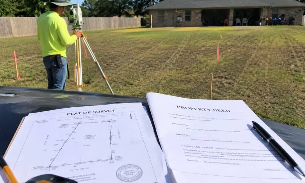 Licensed land surveyor reviewing a plat of survey and property deed near a residential property with visible survey markers and boundary lines